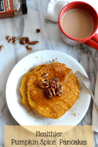 Healthier pumpkin pancakes are made gluten free and lightened up a bit by using better-for-you ingredients.