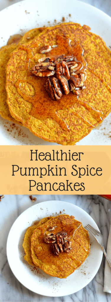 Healthier pumpkin spice pancakes are made gluten free and lightened up a bit by using better-for-you ingredients.