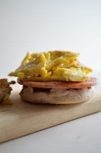 A classic New Jersey breakfast sandwich made a little lighter by preparing it at home. Made with a toasted English muffin, eggs, cheese and pork roll.