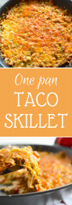 This One Pan Taco Skillet is simple, flavorful and on the table in less than 30 minutes. Plus, one pan means less dishes to clean up after dinner!