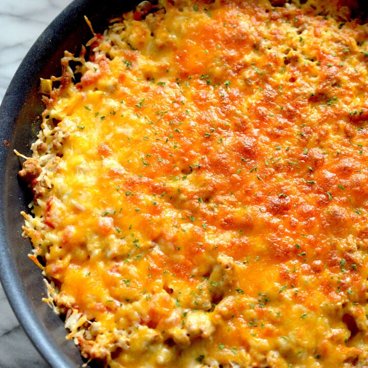 This One Pan Taco Skillet is simple, flavorful and on the table in less than 30 minutes. Plus, one pan means less dishes to clean up after dinner!