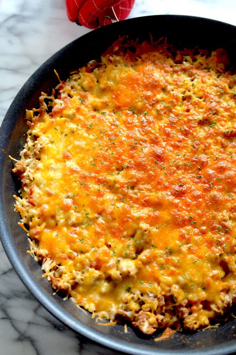 This One Pan Taco Skillet is simple, flavorful and on the table in less than 30 minutes. Plus, one pan means less dishes to clean up after dinner!