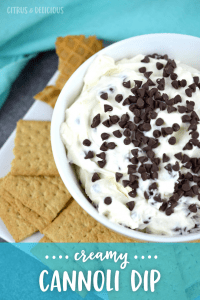Cannoli dip topped with mini chocolate chips in a bowl with graham crackers to dip.