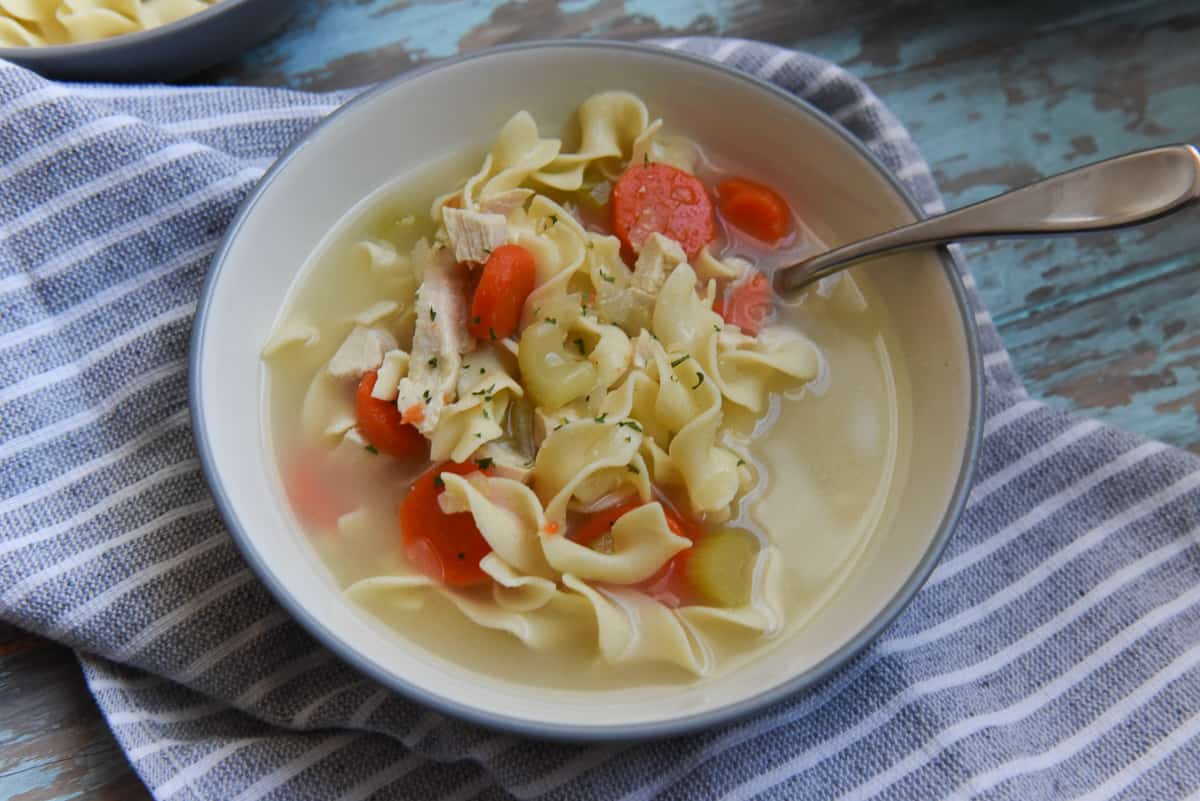 A gray bowl of chicken noodle soup with egg noodles, sliced carrots, celery and onions, garnished with parsley.